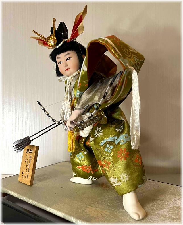 japanese vintage samurai doll in a glass box, 1950's