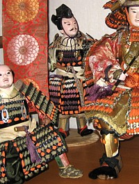 japanese antique samurai warrior lord and his standard-bearer and spear-bearer dolls, 1920's