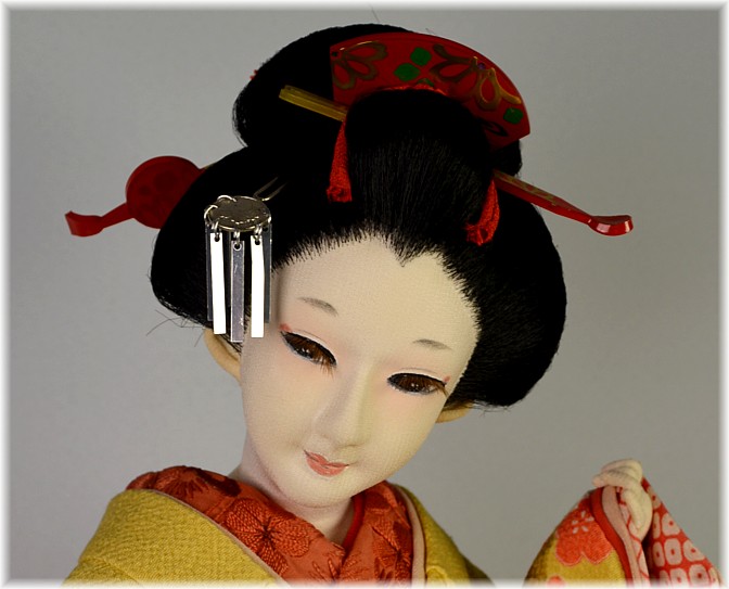 Japanese collectible antique doll in hand-painted kimono, 1930's