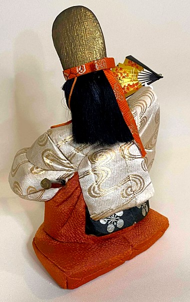 japanese traditional kimekomi doll of a courtier dancer with high golden hat, 1930's