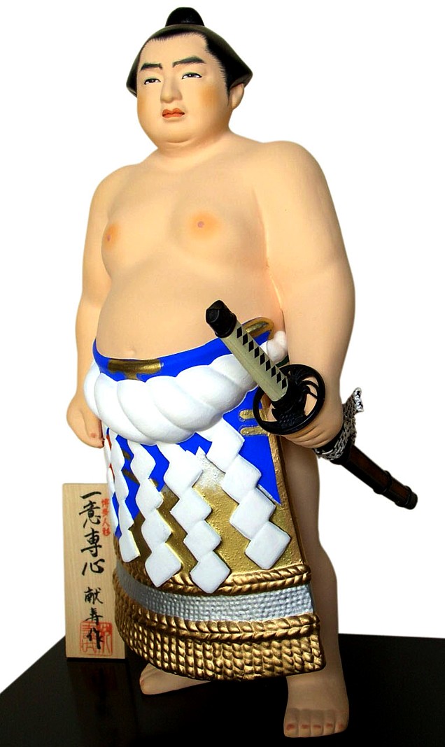 Sumo Wrestler with karana sword, Japanese Hakata clay doll