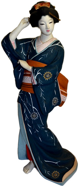 Japanese traditional doll of a woman in dark blue kimono