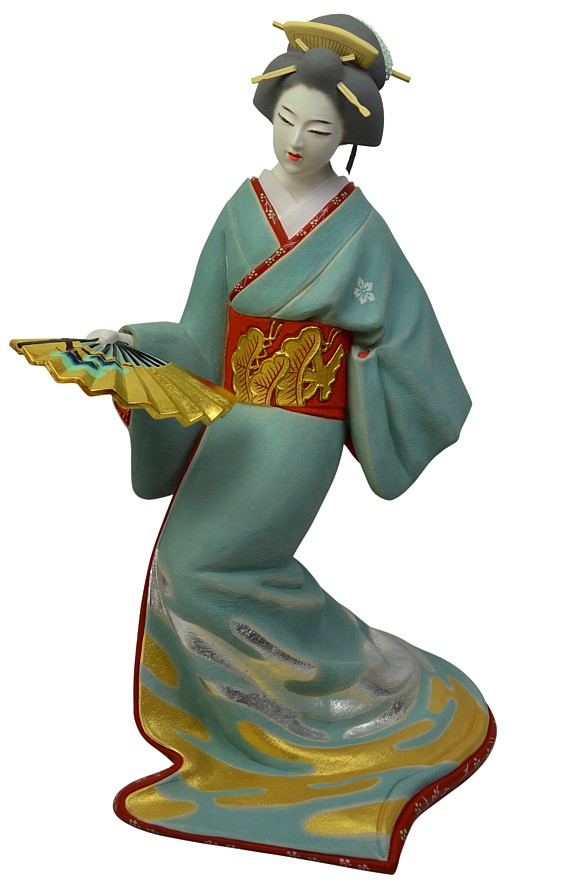japanese ceramic figurine of a geisha dancing with folding fan
