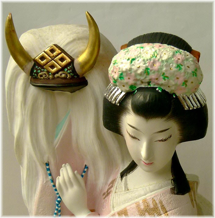 japanese hakata clay figurine of a  princess with war helmet, 1950's