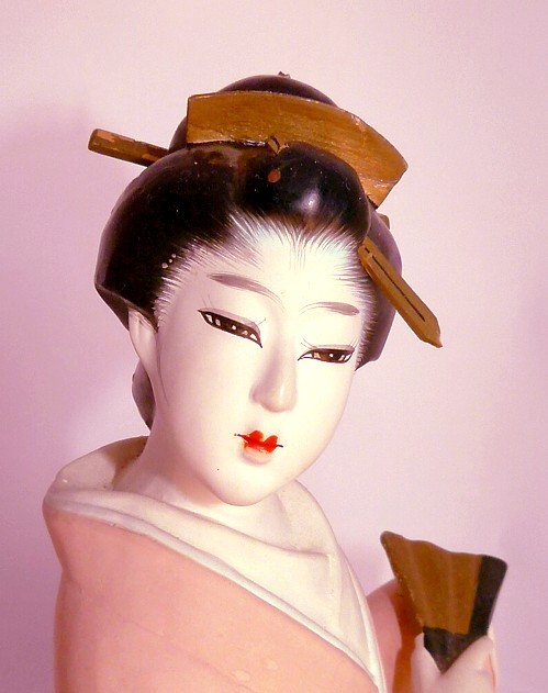 japanese antique hakata figurine of a woman with folding fan, 1950's