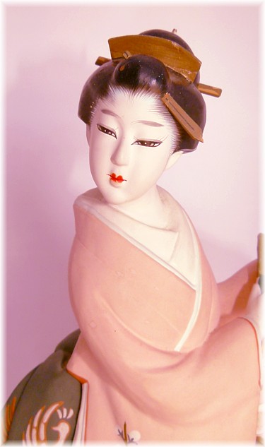 japanese antique hakata figurine of a woman with folding fan, 1950's