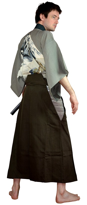 japanese traditional outfit: silk kimono, hakama and obi belt