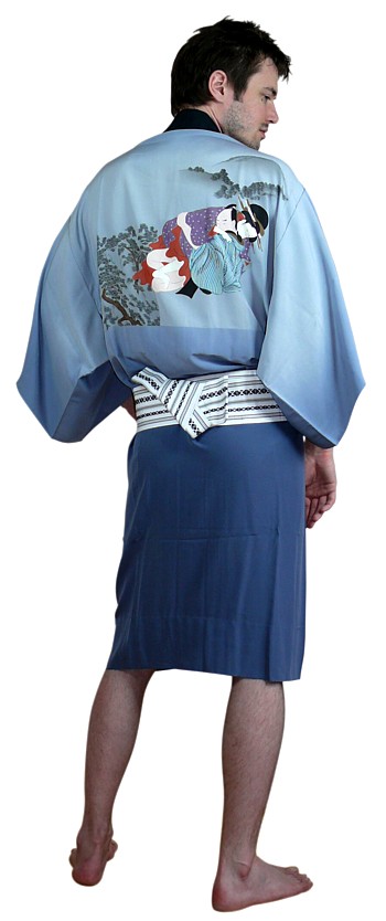 japanese man's silk kimono with hand painting erotic picture on the kimono back