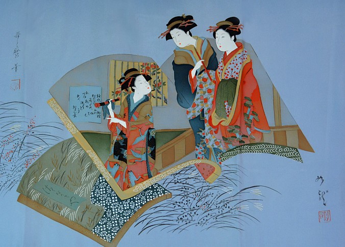 japanese picture on man's silk antique kimono back 