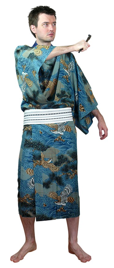 japanese man's traditional garment: silk kimono and obi sash belt 