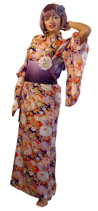 woman dressed in Japanese antique kimono and obi belt