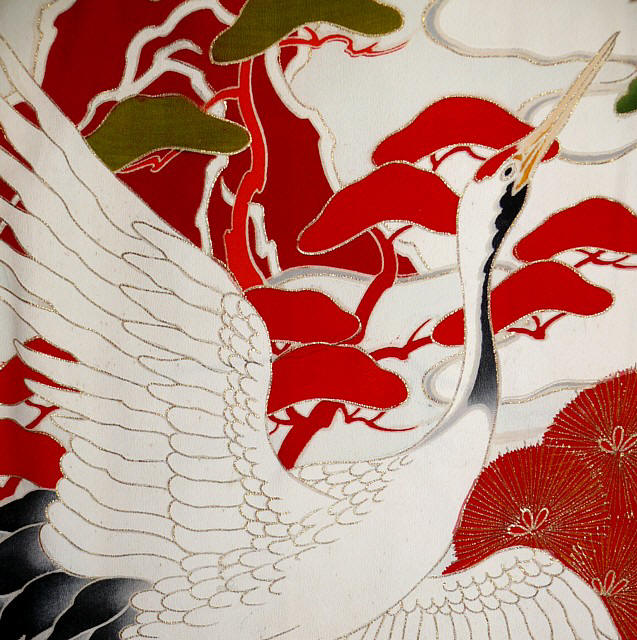 japanese antique kimono: detail of hand painting