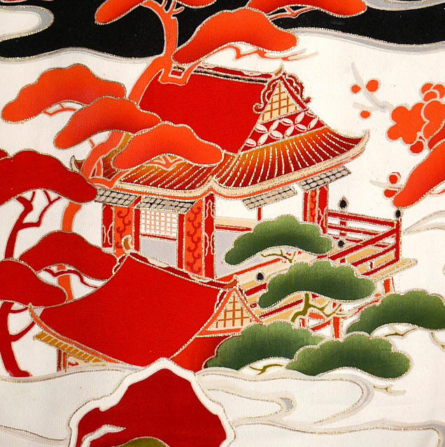japanese antique silk kimono: details of hand painting