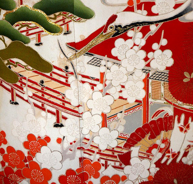 japanese antique silk kimono: details of hand painting and embroidering