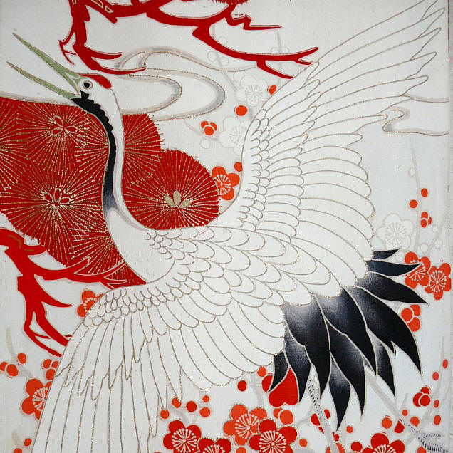 japanese antique silk kimono: details of hand painting