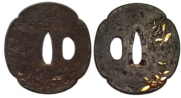 гарда японского меча - цуба с изображением цветка и золотых листьев