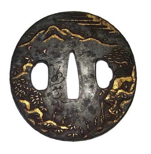 гарда японского меча - цуба, кованная, подписная